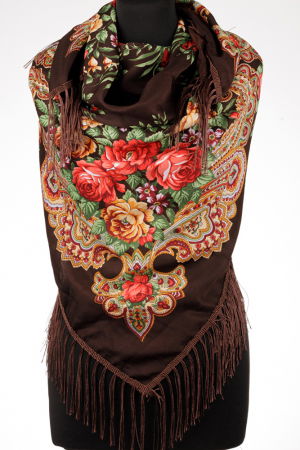 Eșarfe din Vâscoză - Esarfa gipsy patrata mare, tip Pavlovo Posad cu trandafiri pe fond maro