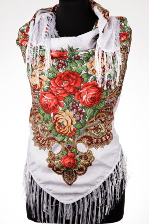 Eșarfe din Vâscoză - Esarfa gipsy patrata mare, tip Pavlovo Posad cu trandafiri pe fond alb