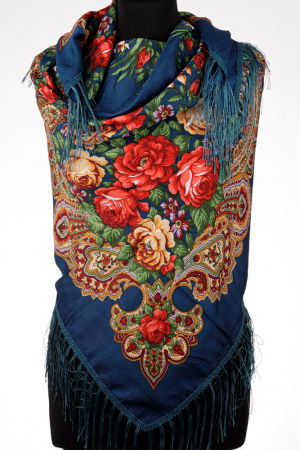 ACCESORII DAMĂ - Esarfa gipsy patrata mare, tip Pavlovo Posad cu trandafiri pe fond turcoaz inchis