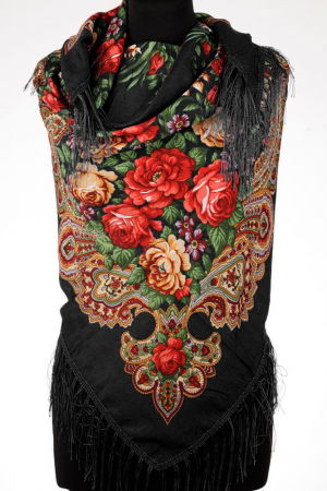 Eșarfe din Vâscoză - Esarfa gipsy patrata mare, tip Pavlovo Posad cu trandafiri pe fond negru