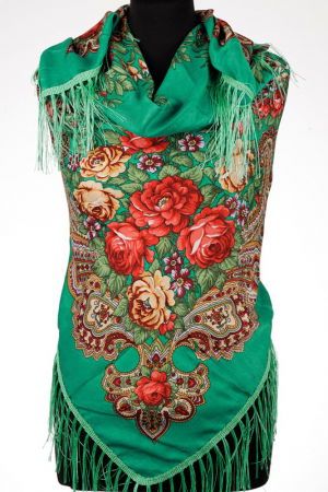 Eșarfe din Vâscoză - Esarfa gipsy patrata mare, tip Pavlovo Posad cu trandafiri pe fond verde aqua