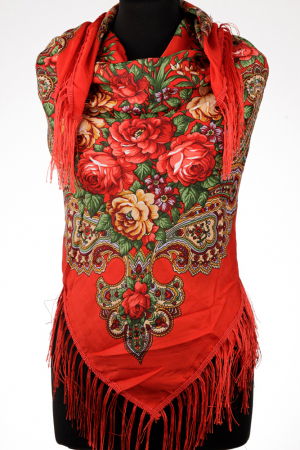 Eșarfe din Vâscoză - Esarfa gipsy patrata mare, tip Pavlovo Posad cu trandafiri pe fond rosu