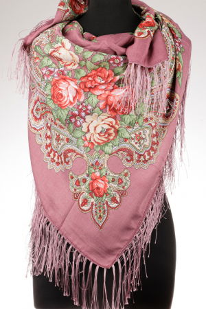 Eșarfe din Vâscoză - Esarfa gipsy patrata mare, tip Pavlovo Posad cu trandafiri pe fond roz prafuit