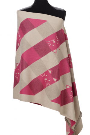 Esarfa mare din casmir cu dubla fata in carouri cu pisici stilizate, fucsia si alb [1]
