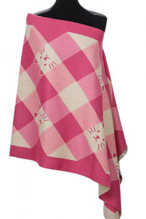 Eșarfe tip Cashmere - Esarfa mare din casmir cu dubla fata in carouri cu pisici stilizate, fucsia si alb