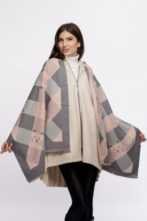 Esarfa mare din casmir cu dubla fata in carouri cu pisici stilizate, roz si gri [2]