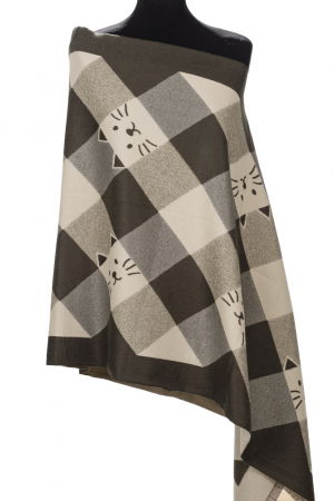 ACCESORII DAMĂ - Esarfa mare din casmir cu dubla fata in carouri cu pisici stilizate, kaki si alb