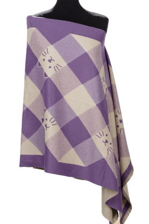 Esarfa mare din casmir cu dubla fata in carouri cu pisici stilizate, mov si alb [0]
