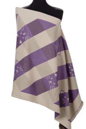 Esarfa mare din casmir cu dubla fata in carouri cu pisici stilizate, mov si alb [1]