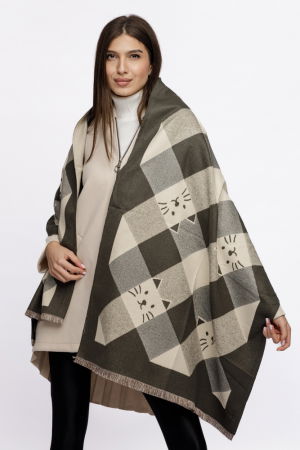 Esarfa mare din casmir cu dubla fata in carouri cu pisici stilizate, kaki si alb [2]
