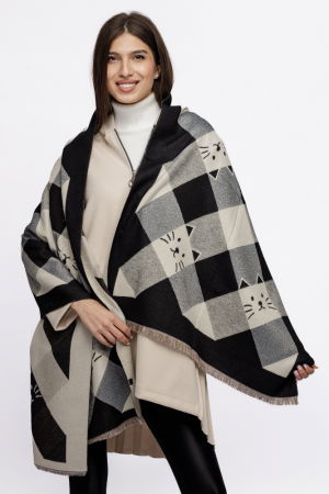 Esarfa mare din casmir cu dubla fata in carouri cu pisici stilizate, negru si alb [2]