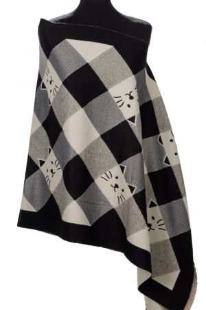 Eșarfe tip Cashmere - Esarfa mare din casmir cu dubla fata in carouri cu pisici stilizate, negru si alb