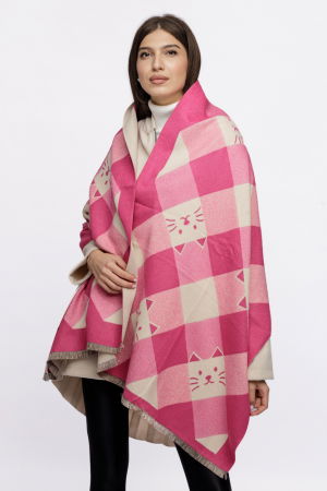 Esarfa mare din casmir cu dubla fata in carouri cu pisici stilizate, fucsia si alb [2]