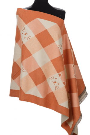ACCESORII DAMĂ - Esarfa mare din casmir cu dubla fata in carouri cu pisici stilizate, portocaliu si alb