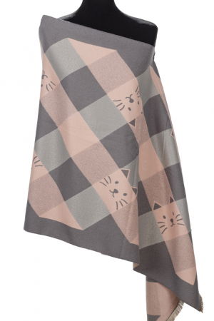 Eșarfe tip Cashmere - Esarfa mare din casmir cu dubla fata in carouri cu pisici stilizate, roz si gri