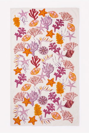 Esarfa mare dreptunghiulara tip pareo, cu imprimeu marin, exotic fucsia si portocaliu pe fond alb, din bumbac [1]