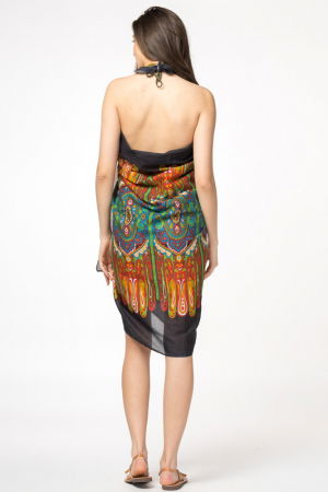 Esarfa mare dreptunghiulara tip pareo, cu imprimeu multicolor pe fond negru, din bumbac [2]