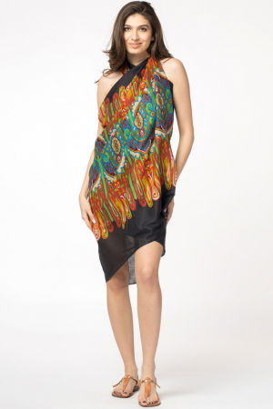 Eșarfe din Bumbac - Esarfa mare dreptunghiulara tip pareo, cu imprimeu multicolor pe fond negru, din bumbac