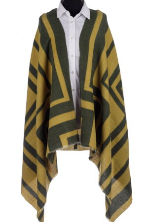 Eșarfe tip Cashmere - Esarfa mare tip sal cu dubla fata, imprimeu joc de linii cu galben si verde oliv