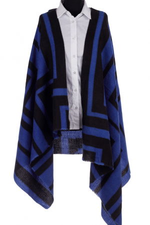 Eșarfe tip Cashmere - Esarfa mare tip sal cu dubla fata, imprimeu joc de linii cu negru si albastru