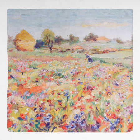 Eșarfe din Mătase - Esarfa patrata cu o singura fata cu imprimeu peisaj campenesc pastelat