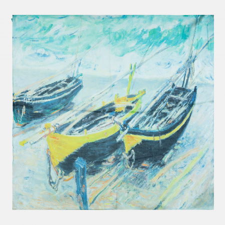 Eșarfe din Mătase - Esarfa patrata cu o singura fata imprimata cu reproducere dupa peisaj marin cu 3 barci