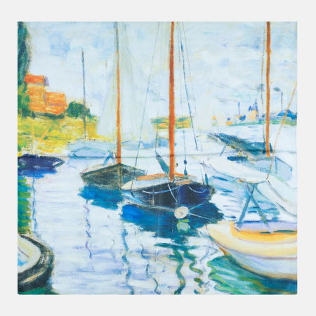 Eșarfe din Mătase - Esarfa patrata cu o singura fata imprimata cu reproducere dupa peisaj marin cu 3 barci cu catarg