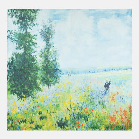 Eșarfe din Mătase - Esarfa patrata cu o singura fata imprimata cu reproducere dupa peisaj cu copil pe camp cu maci