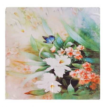 Eșarfe din Mătase - Esarfa patrata cu o singura fata cu imprimeu cu flori exotice