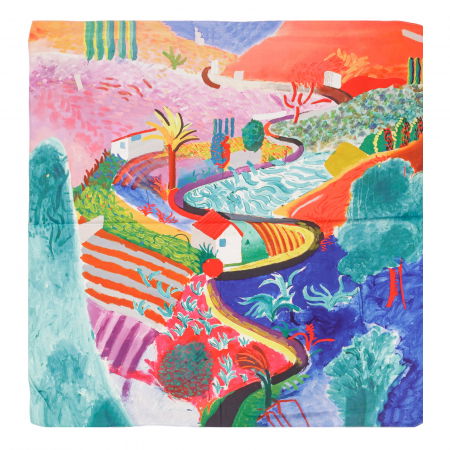 Eșarfe din Mătase - Esarfa patrata cu o singura fata imprimata cu reproducerea dupa o pictura naiva colorata