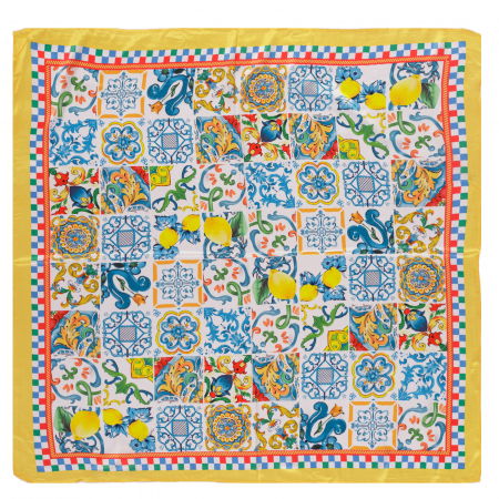 Eșarfe din Mătase - Esarfa patrata cu o singura fata cu imprimeu marocan cu albastru si galben