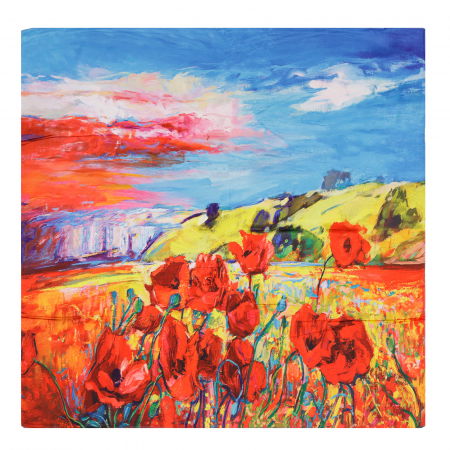 Eșarfe din Mătase - Esarfa patrata cu o singura fata cu imprimeu peisaj campenesc cu maci