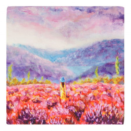 Eșarfe din Mătase - Esarfa patrata cu o singura fata imprimata cu reproducerea dupa o pictura cu fata in lan de flori