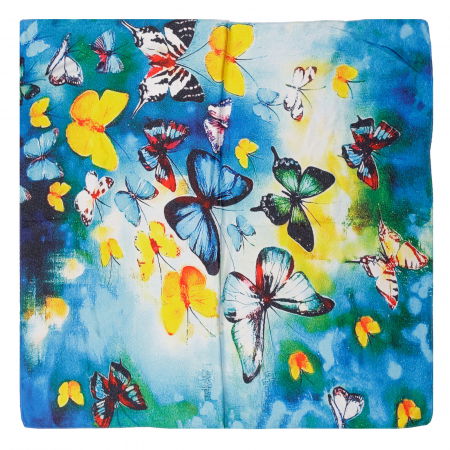 Eșarfe din Mătase - Esarfa patrata cu o singura fata cu imprimeu cu fluturi pe fond albastru