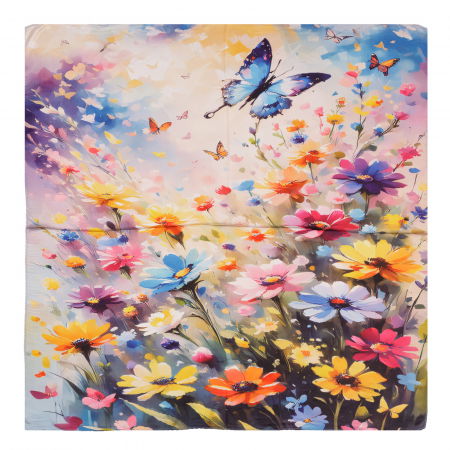 Eșarfe Pătrate - Esarfa patrata cu o singura fata, imprimeu floral multicolor cu fluturi