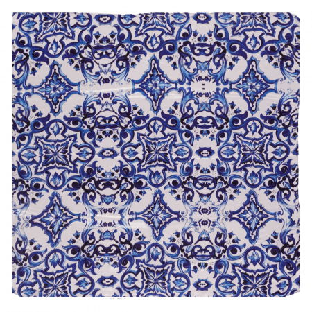 Eșarfe din Mătase - Esarfa patrata cu o singura fata cu imprimeu motive marocane alb si albastru