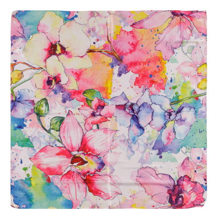 Eșarfe din Mătase - Esarfa patrata cu o singura fata cu imprimeu floral in acuarela