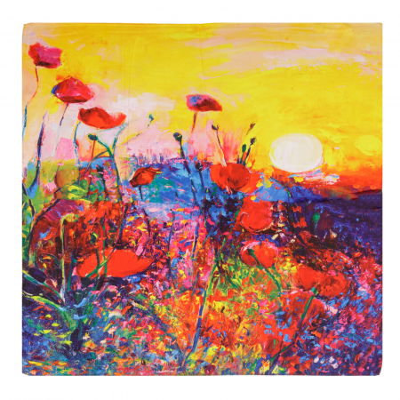 Eșarfe din Mătase - Esarfa patrata cu o singura fata cu imprimeu peisaj campenesc cu maci la apusul soarelui