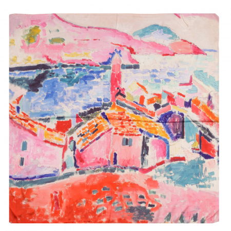 Eșarfe din Mătase - Esarfa patrata cu o singura fata imprimata cu reproducerea dupa o pictura impresionista cu case