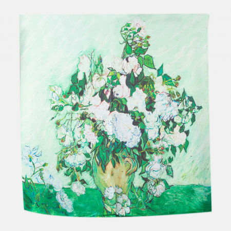 Eșarfe din Mătase - Esarfa patrata cu o singura fata imprimata cu reproducerea dupa " Vaza cu trandafiri albi" de Van Gogh