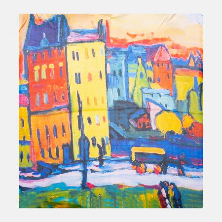 Eșarfe din Mătase - Esarfa patrata cu o singura fata imprimata cu reproduceri dupa picturi celebre cu case