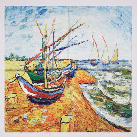 Eșarfe din Mătase - Esarfa patrata cu o singura fata, imprimeu dupa o pictura cu barci pe plaja a lui Van Gogh