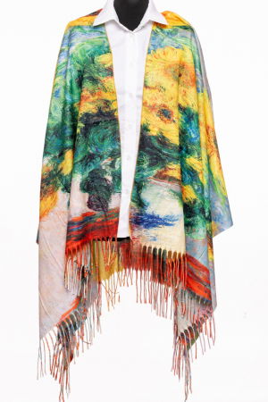 Eșarfe tip Cashmere - Esarfa poncho din casmir cu dubla fata, cu reproducere dupa '' Buchet de floarea soarelui " de Claude Monet