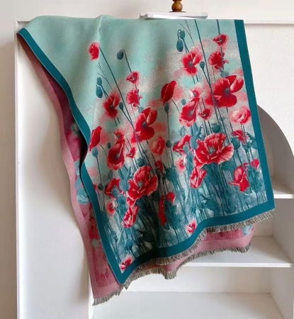 Eșarfe tip Cashmere - Esarfa premium din lana si vascoza cu maci rosii pe fond albastru si turcoaz