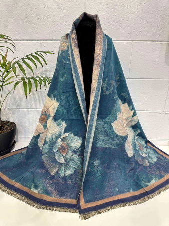 Eșarfe tip Cashmere - Esarfa premium din  vascoza cu imprimeu abstract cu bleumarin cu bej