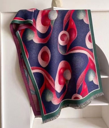 Eșarfe tip Cashmere - Esarfa premium din lana si vascoza cu imprimeu abstract cu rosun si bleumarin