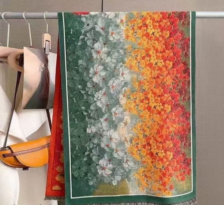 Eșarfe tip Cashmere - Esarfa premium din lana cu bumbac cu imprimeu vibrant campuri de flori