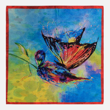 Eșarfe din Mătase - Esarfa premium din matase cu dubla fata, imprimeu fluture suprarealist multicolor