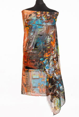 Eșarfe din Bumbac - Esarfa fina din bumbac cu impriemeu pictural albastru, verde si portocaliu