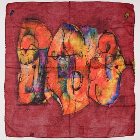 Eșarfe din Mătase - Esarfa cu doua fete tip batic din matase cu imprimeu grafic abstract pe fond bordo